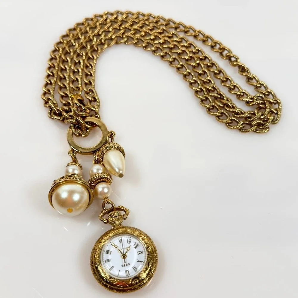 Vintage 1928 Watch Necklace Faux Pearl Dangle Drop 32